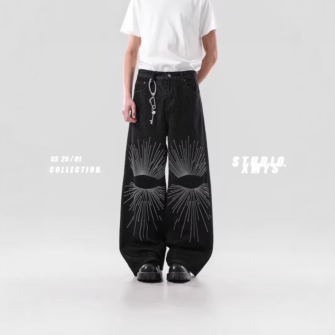 Men's Loose-Fitting Denim Jeans with Unique Graphic Design Chichicherry