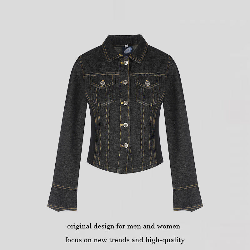 Women's tailored cropped denim jacket with shaping seams, chest patches, and decorative buttons Chichicherry