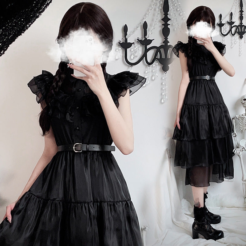 Ladies Elegant Maxi Dress with Voluminous Ruffles and Waist Belt Chichicherry