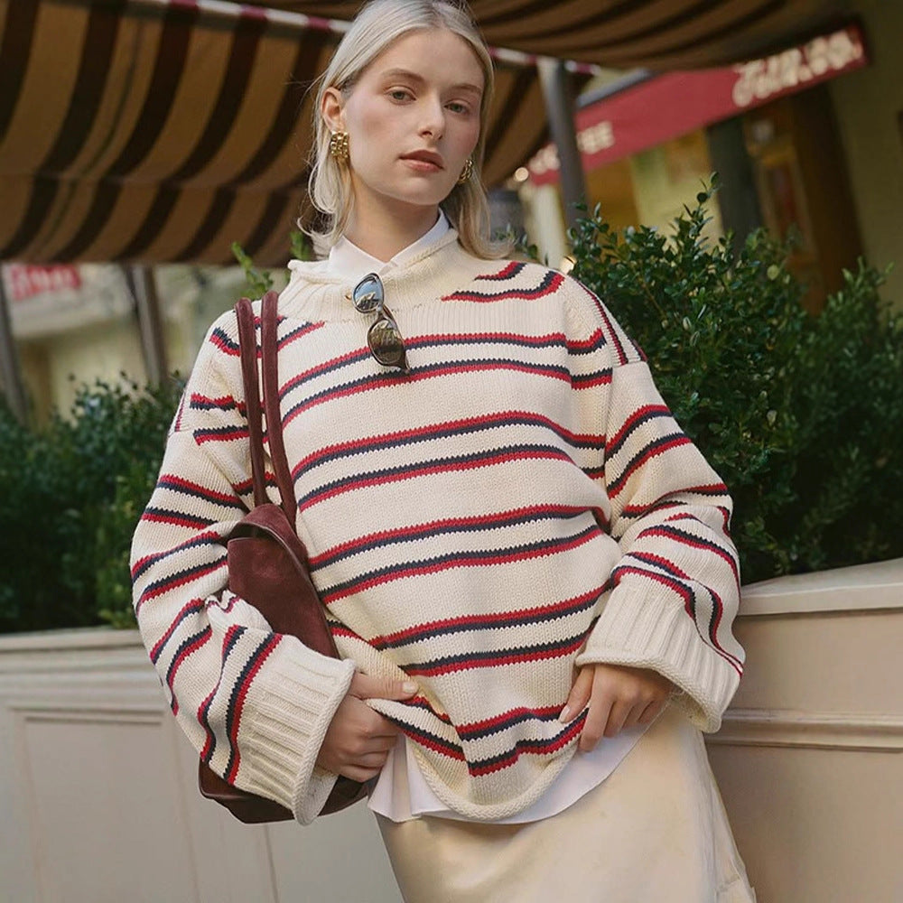 Women's oversized striped cotton blend sweater with wide cut and ribbed cuffs Chichicherry
