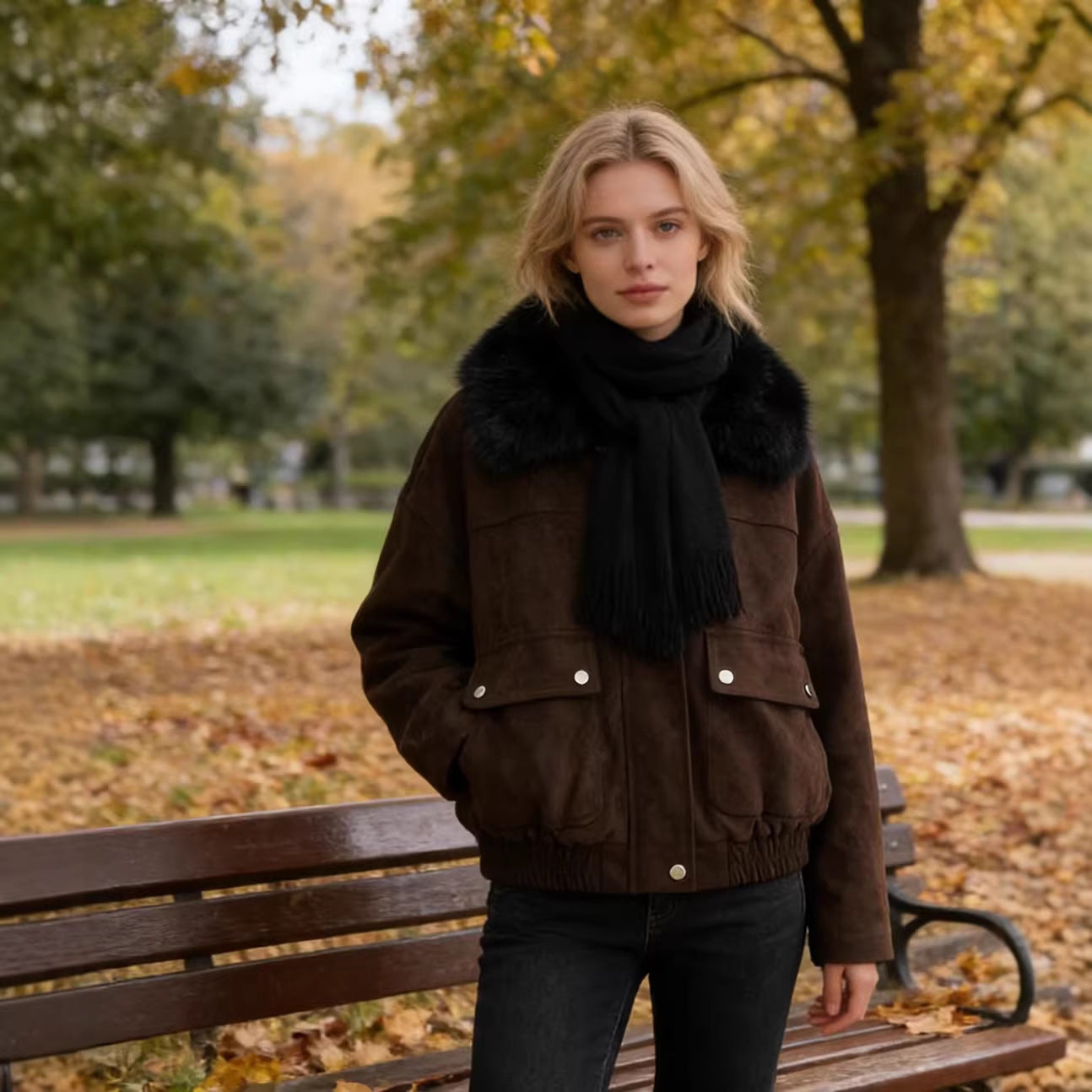 Women's Oversized Aviator Jacket made of Suede Leather Imitation with Large Faux Fur Collar Chichicherry
