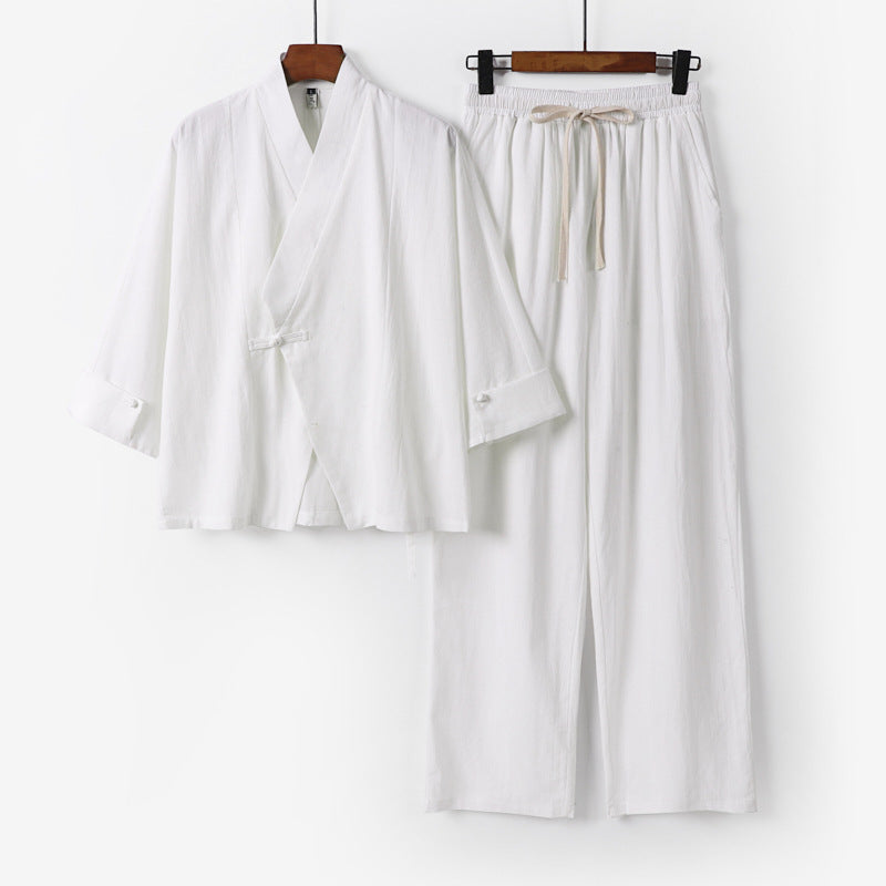 Unisex Lightweight Zen Lounge Set in Kimono Style with Dropped Shoulder Concealed Knot Placket and Elastic Drawstring Pants Chichicherry