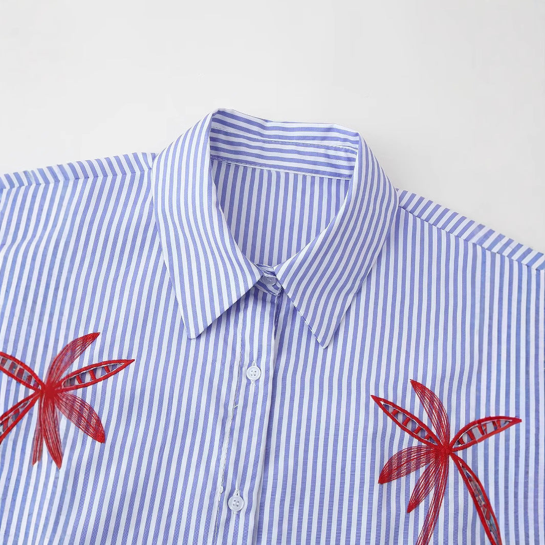 Women Oversized Shirt Blouse with Pinstripes, Palm Embroidery and Three-Quarter Sleeves Chichicherry
