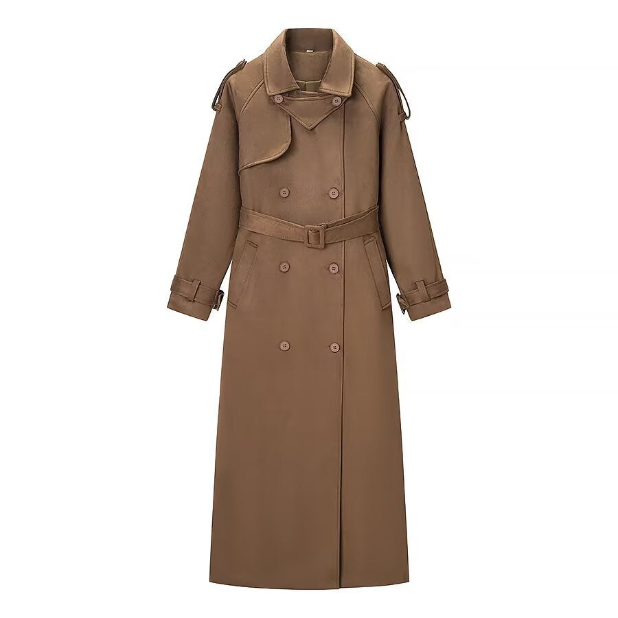 Women's Elegant Long Waist Trench Coat with Double-Breasted Button Placket and Flared Hem Chichicherry