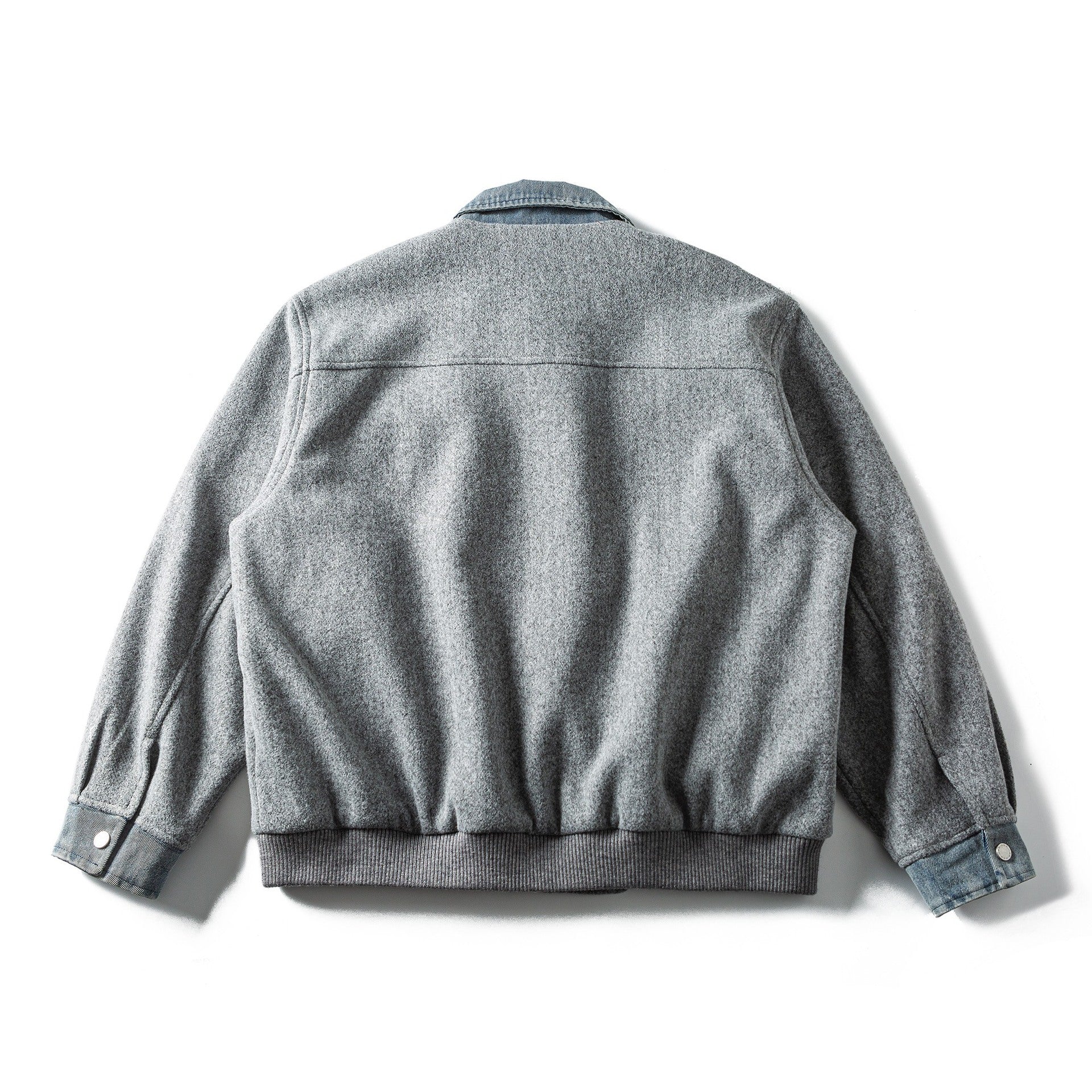 Men's Short Wool Blend Bomber Jacket with Denim Collar and Flap Pockets Chichicherry