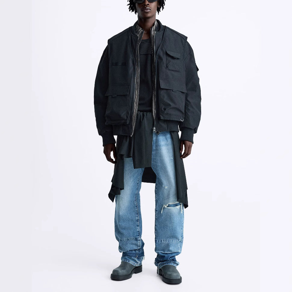 Men's Utility Blouson with Multiple Pockets and Stand-up Collar Chichicherry