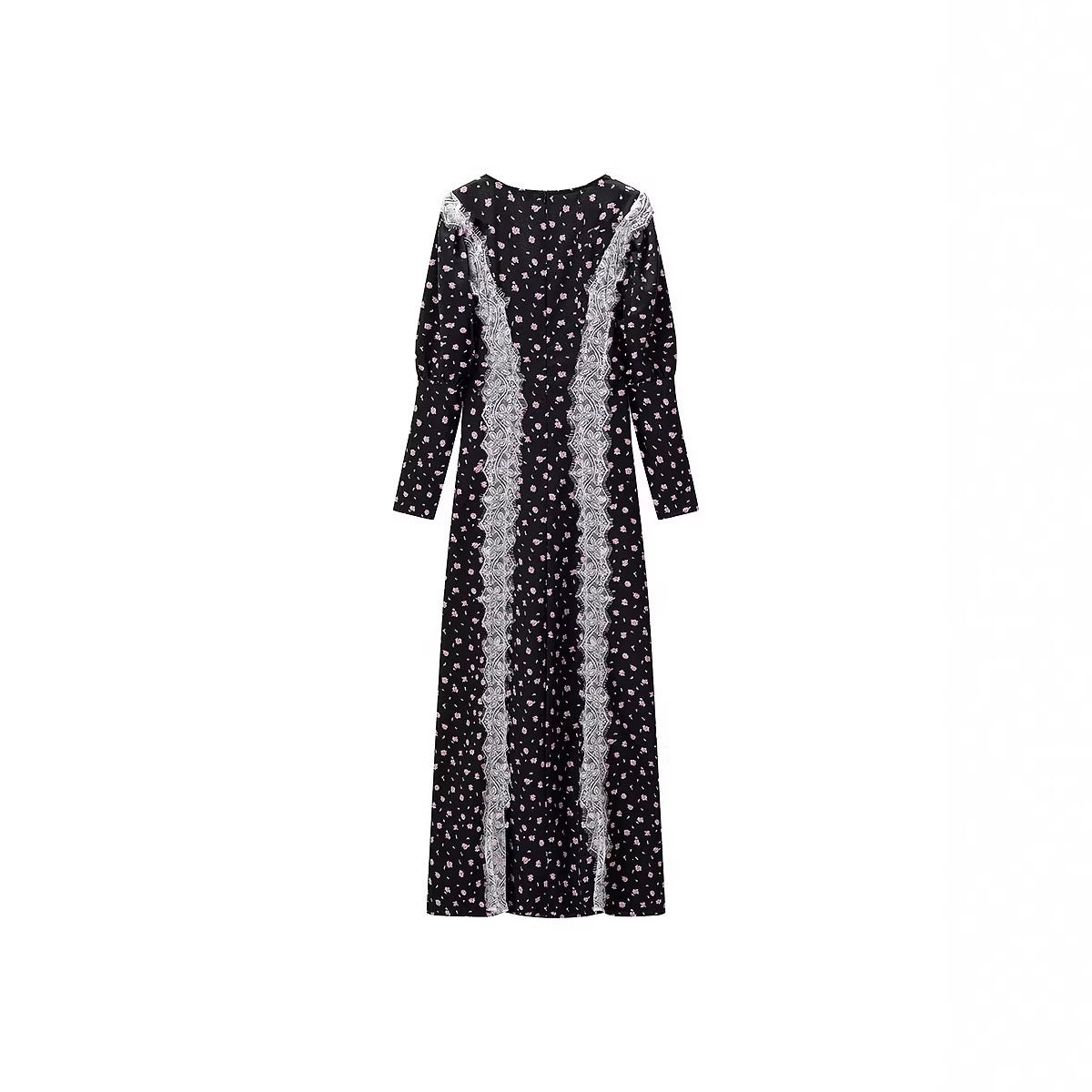 Women’s Maxi Dress with Lace Trim and Floral Allover Print Chichicherry