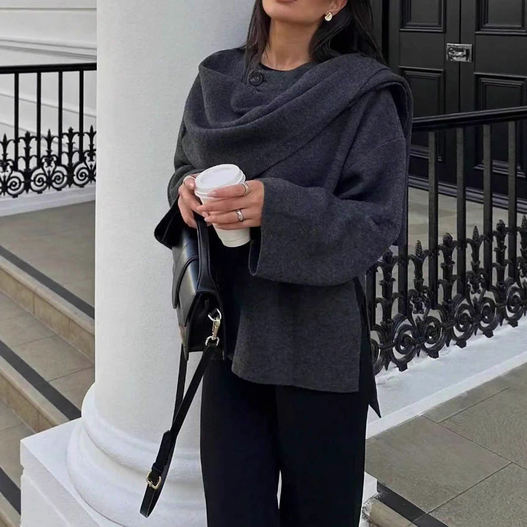Women Oversize Wrap Poncho Coat with Wide Shawl Collar and One-Button Detail Chichicherry