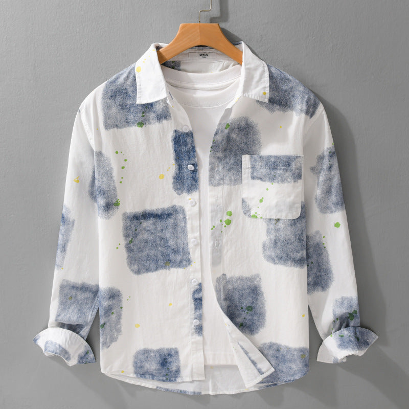Men's Lightweight Cotton Shirt Relaxed-Fit with Artistic Speckle and Watercolor Patch Print Chichicherry