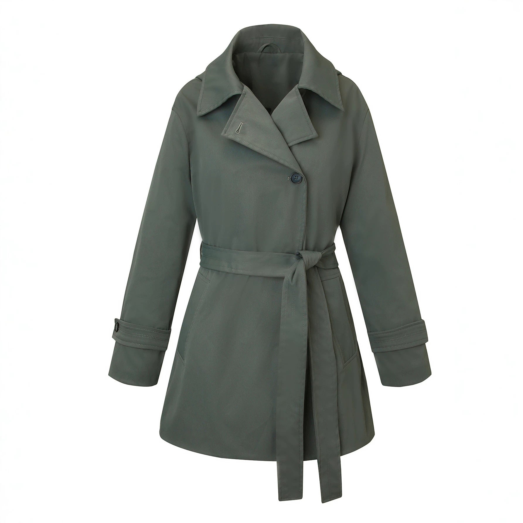 Ladies short trench coat with tailored tie belt and wide lapels Chichicherry