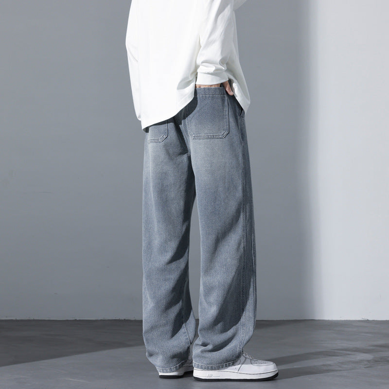 Men's Loose Vintage Denim Casual Pants with Drawstring and Relaxed Fit Chichicherry