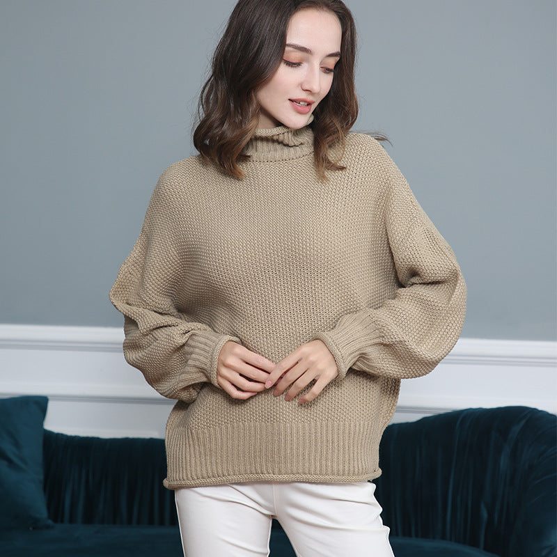 Women's Chunky Knit Turtleneck Sweater with Balloon Sleeves Chichicherry