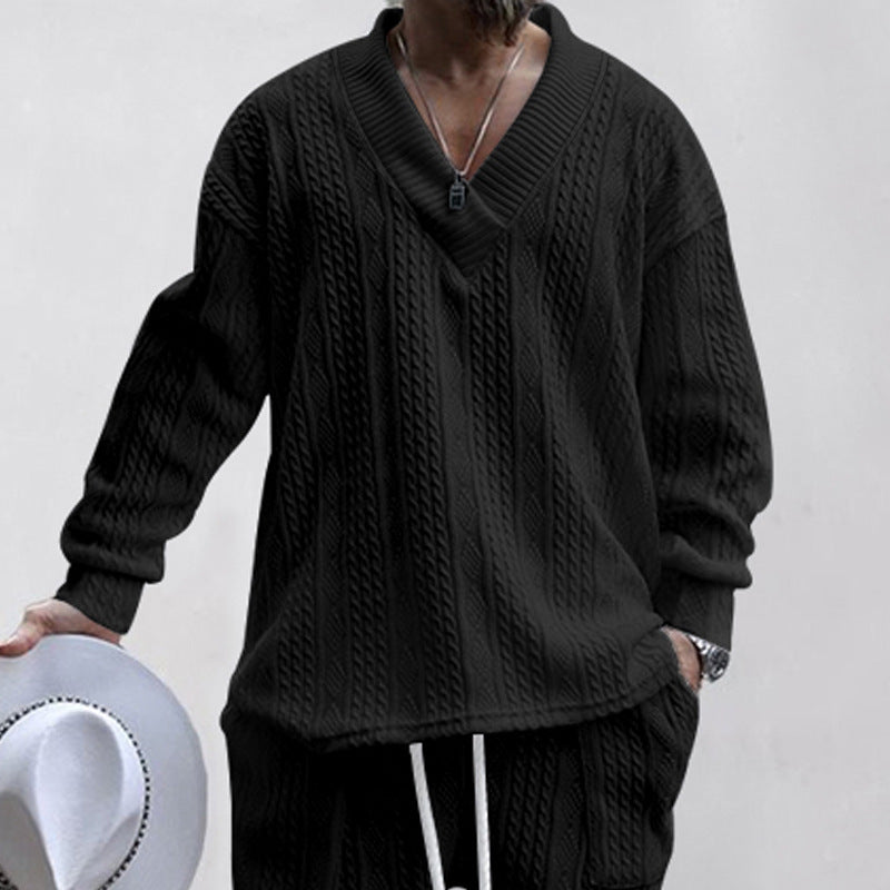 Men's Oversize Cable Knit Sweater with Deep V-Neck Chichicherry