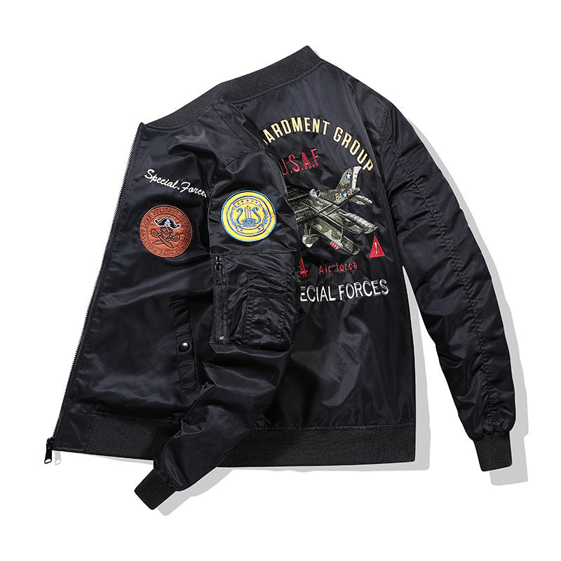 Men's bomber-style pilot jacket with brand patches, arm pocket and windproof outer shell Chichicherry