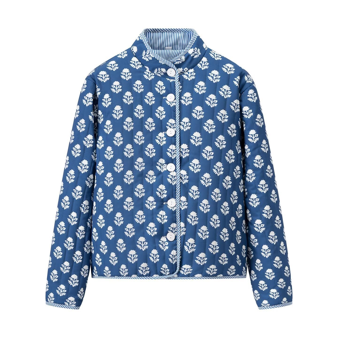 Women's Lightweight Printed Cotton Jacket with Stand Collar and Striped Cuffs Chichicherry