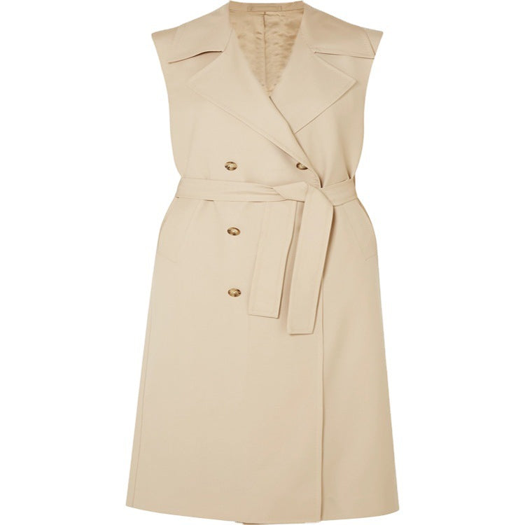 Women's sleeveless wrap trench coat made of cotton blend with double-breasted button placket and waist belt Chichicherry