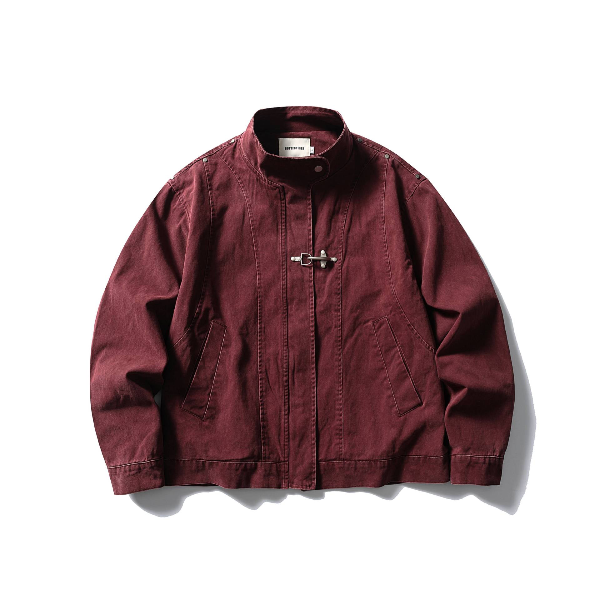 Men's Short Vintage Denim Field Blouson with Stand Collar, Toggle Closure and Utility Pockets Chichicherry