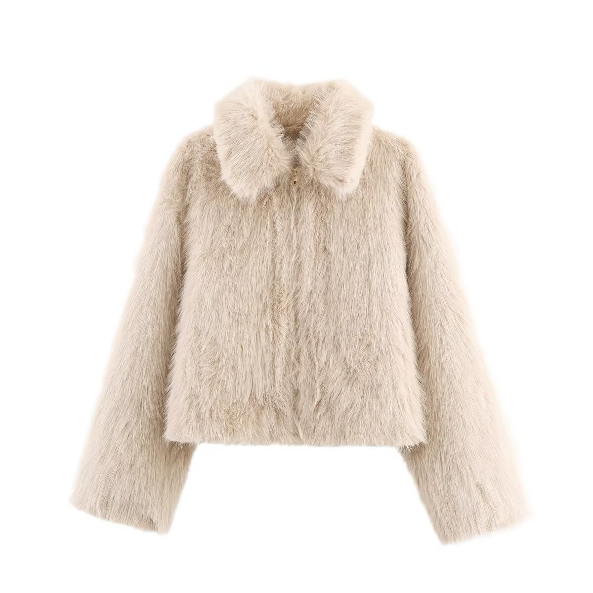 Ladies Short Fluffy Faux Fur Jacket with Lapel Collar and Straight Hem Chichicherry