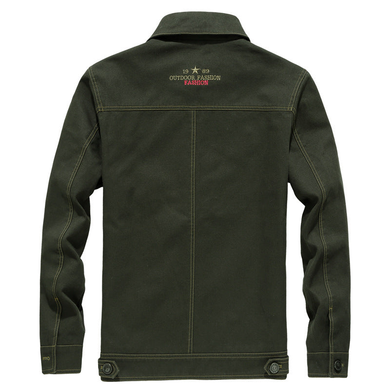 Men's canvas worker jacket in military utility style with button closure, badges, and breast flap pockets Chichicherry