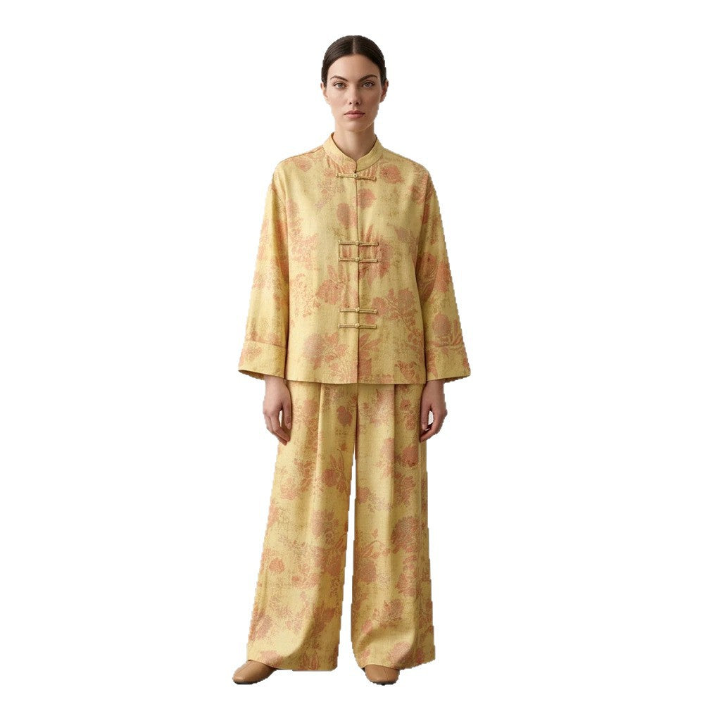 Womens Two-Piece Jacquard Set with Mandarin Collar and Wide Cut Trousers Chichicherry