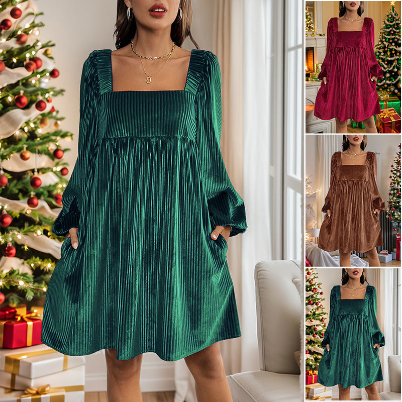 Women's velvety pleated babydoll dress with square neckline, balloon sleeves, and side pockets Chichicherry