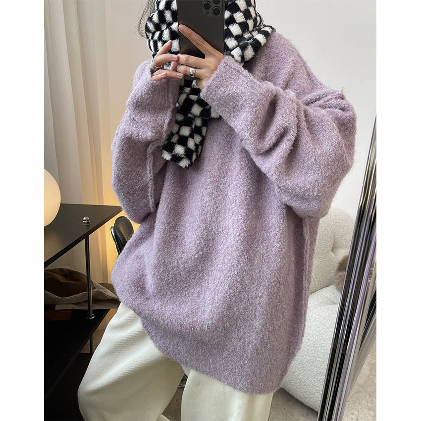 Women Cozy Oversized Knit Dress with Boucle Structure and Round Neckline Chichicherry