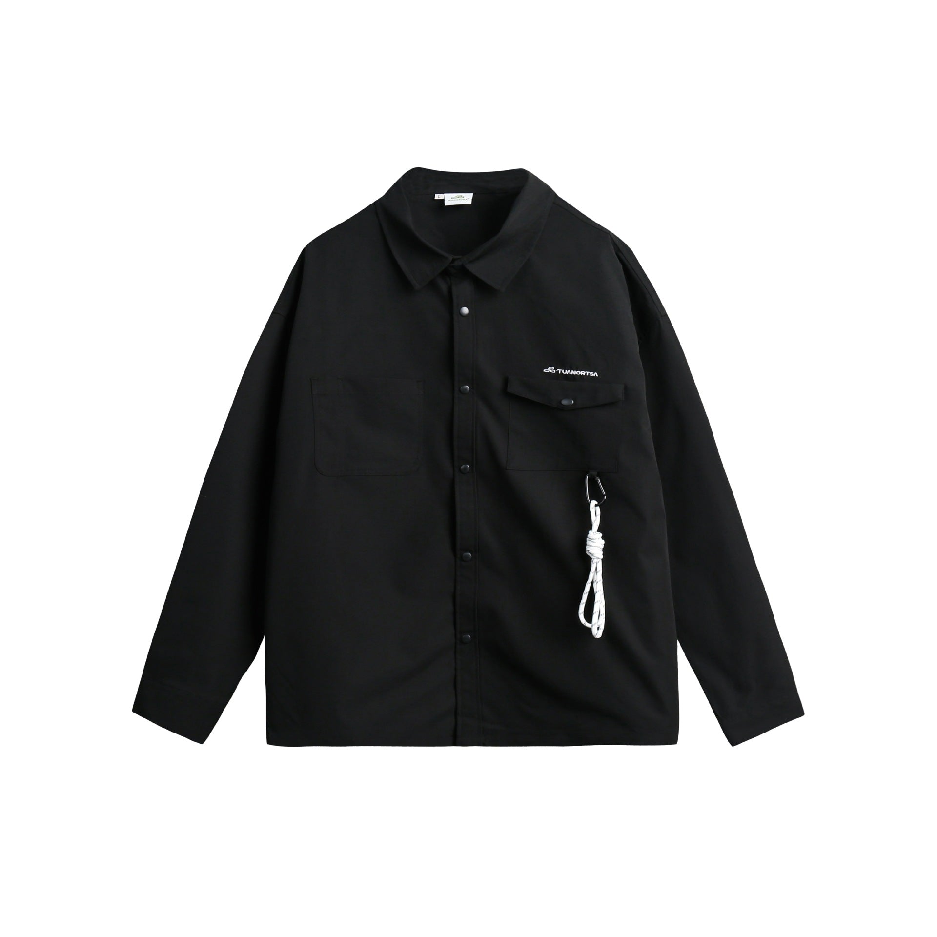 Unisex overshirt jacket in utility style with snap button placket and carabiner detail Chichicherry