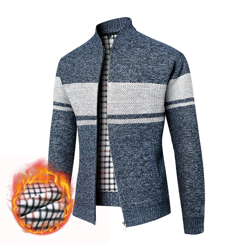 Men's thermal knitted zip jacket with stand-up collar and checkered fleece lining Chichicherry