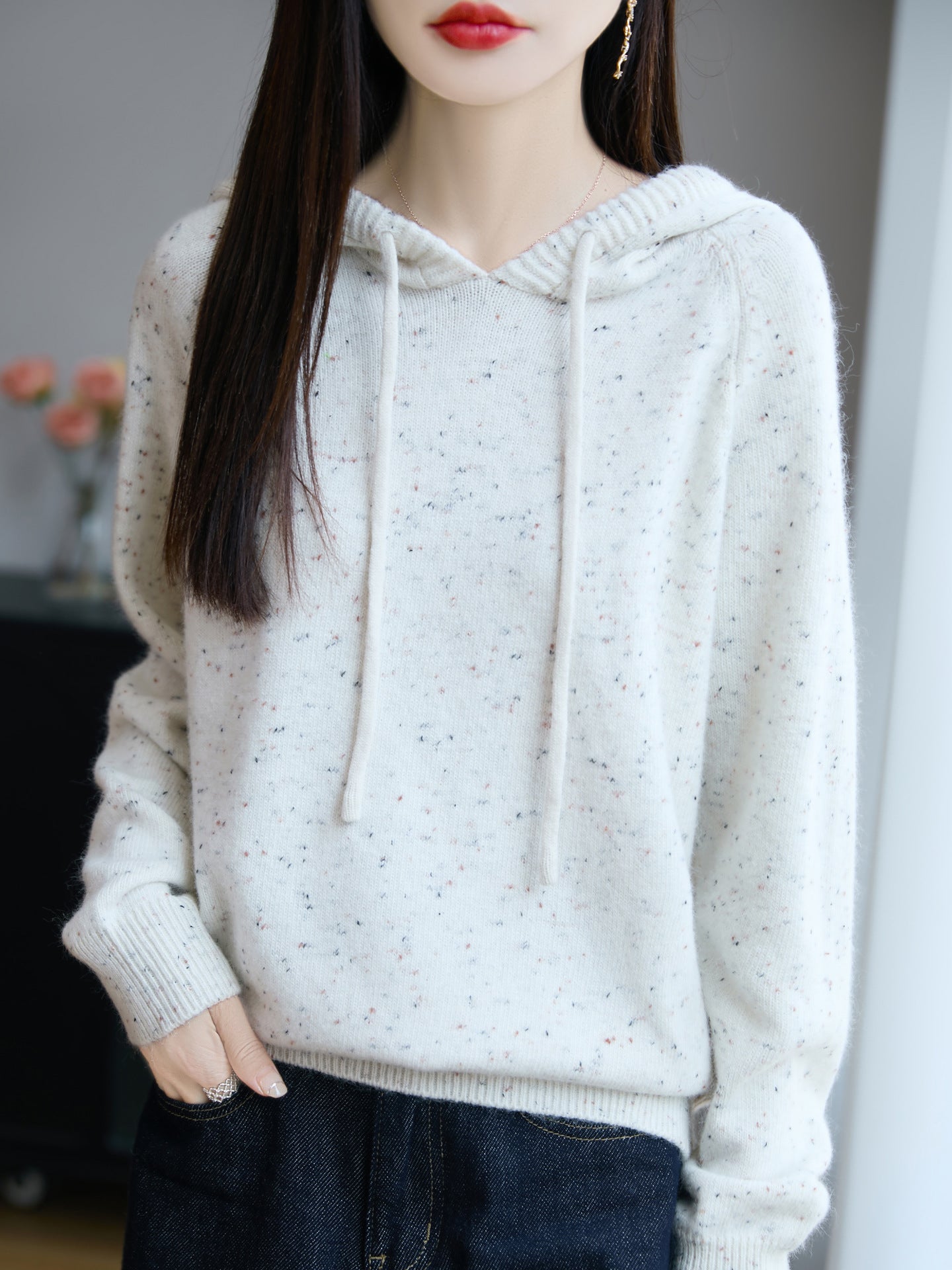 Women's Soft Fine Knit Hoodie with Nep Yarn and Ribbed Cuffs Chichicherry