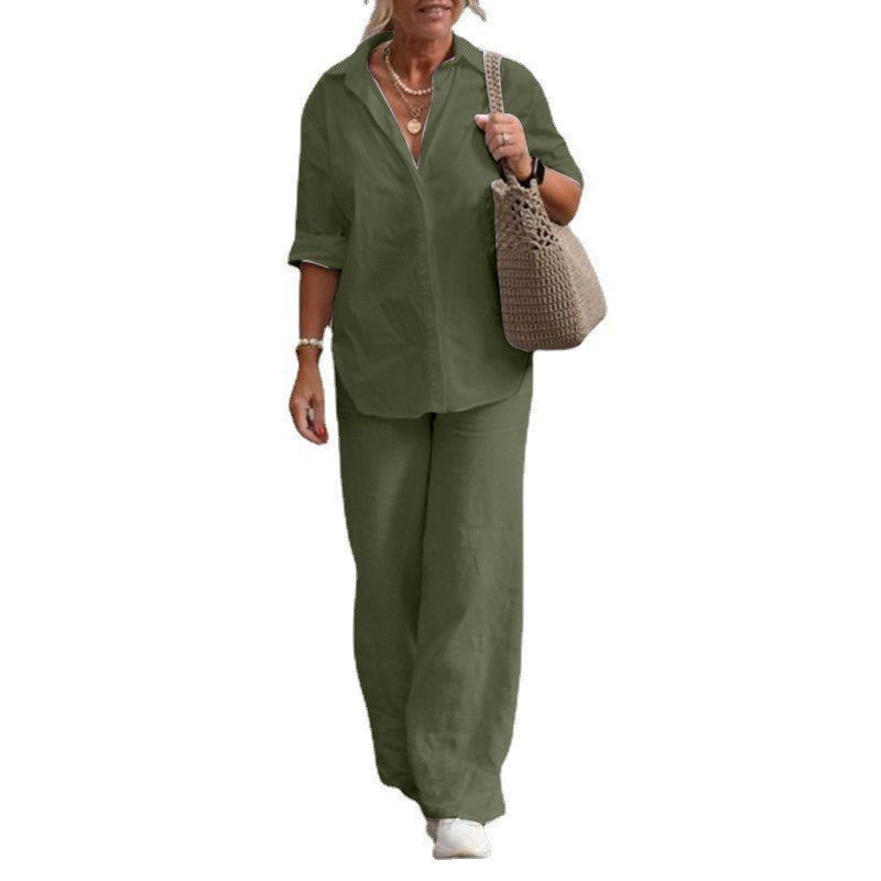Damen Leichtes Leinen-Loungewear-Set mit offenem Hemdkragen und weiter Palazzohose Chichicherry