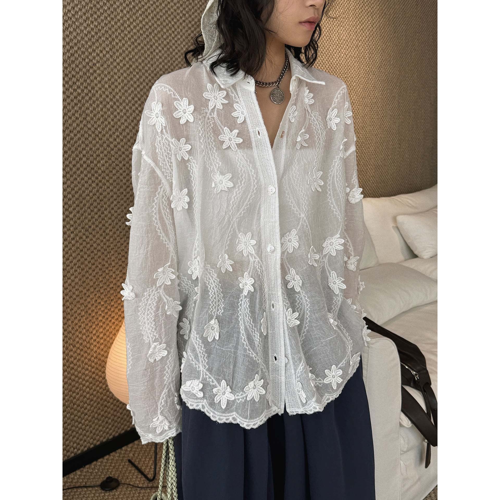 Women's Transparent Blouse with 3D Flower Embroidery, Shirt Collar and Button Placket Chichicherry