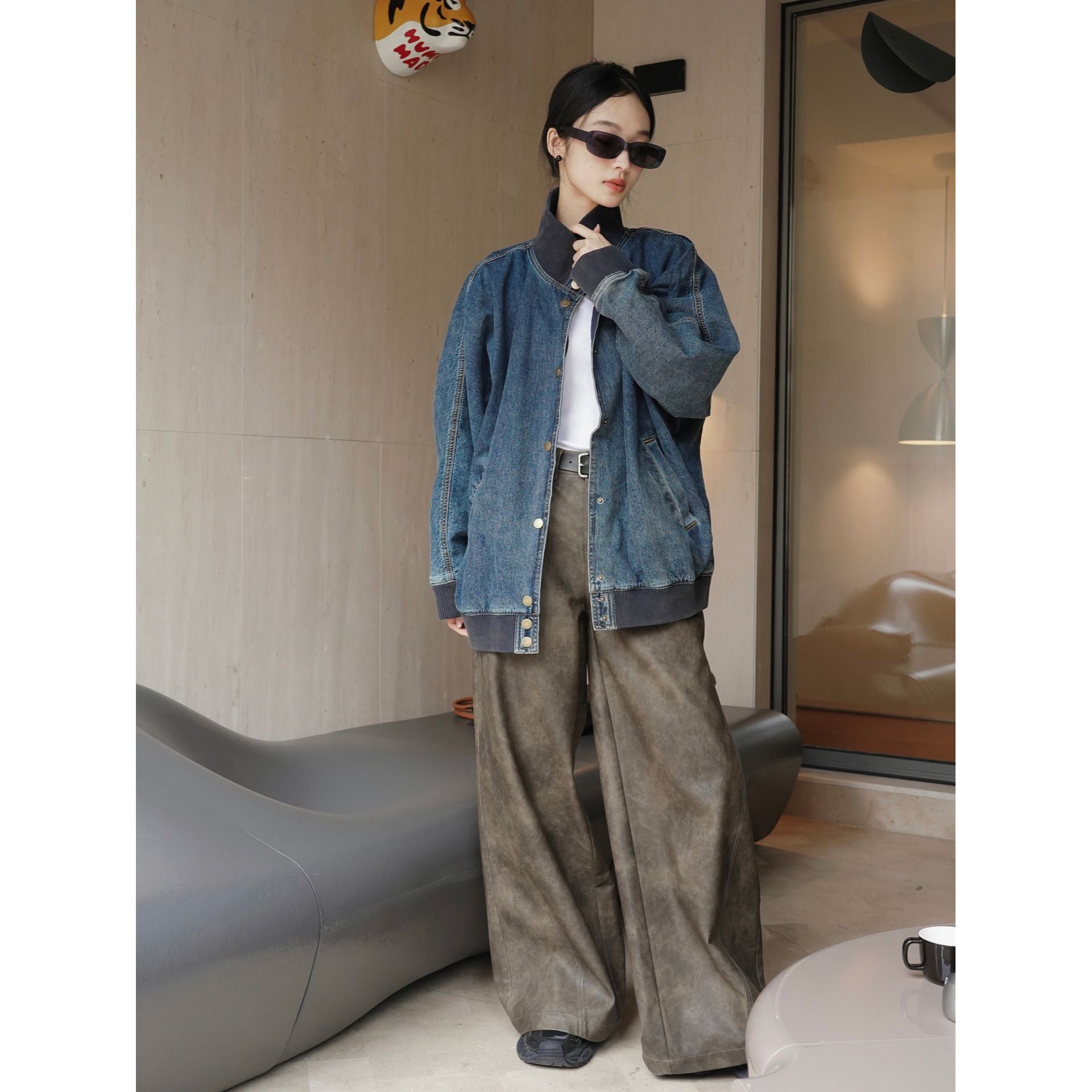 Women's Oversized Jeans Bomber Jacket with Ribbed Collar and Snap Button Front Chichicherry