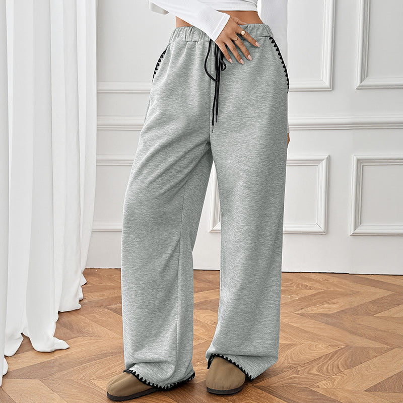 Women's Wide Relax Fleece Pants with High Waist, Drawstring and Decorative Stitch Details Chichicherry