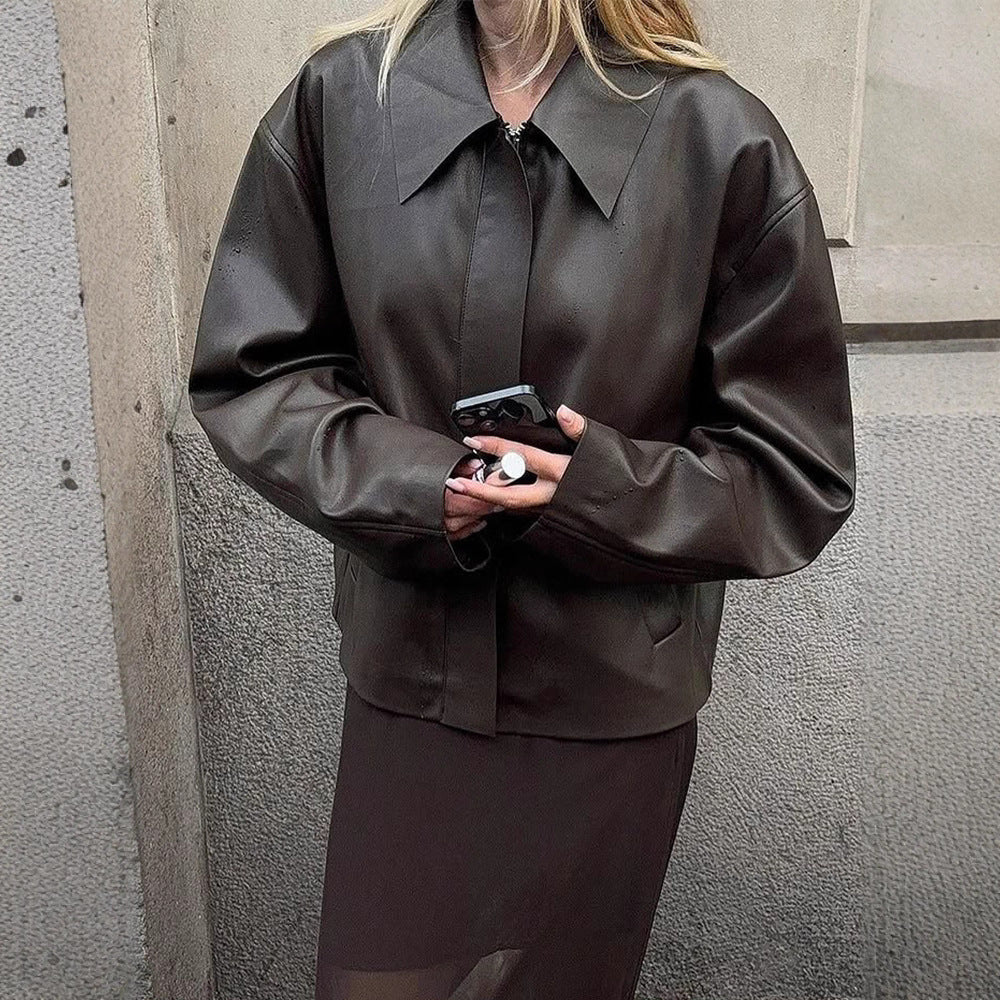 Ladies Cropped Boxy Jacket made of faux leather with oversized collar and concealed zipper placket Chichicherry