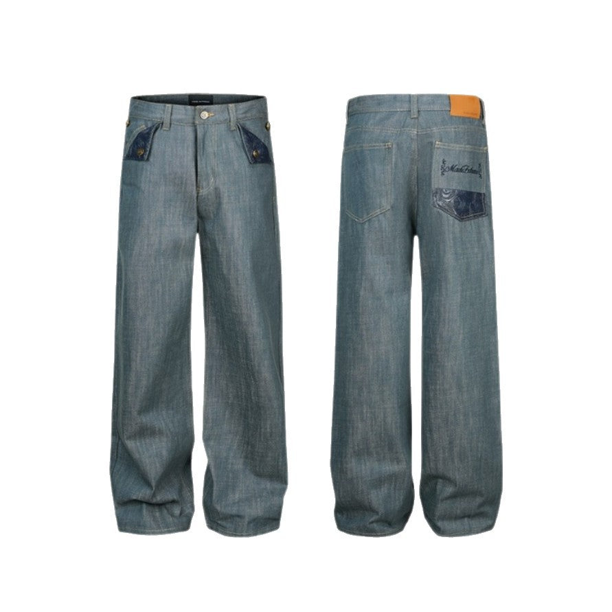 Ladies Wide High-Waist Jeans with Decorative Cuff Pockets Chichicherry