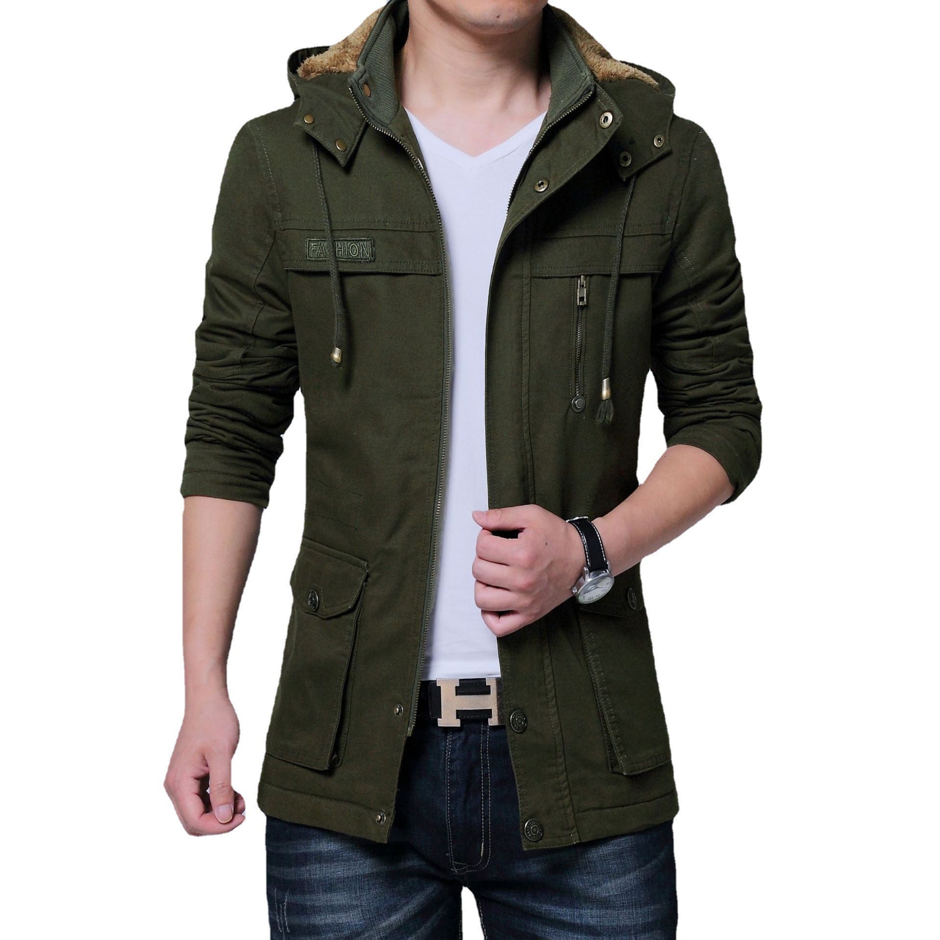 Men's Canvas Parka with Lined Hood, Multifunctional Pockets and Concealed Zipper Chichicherry