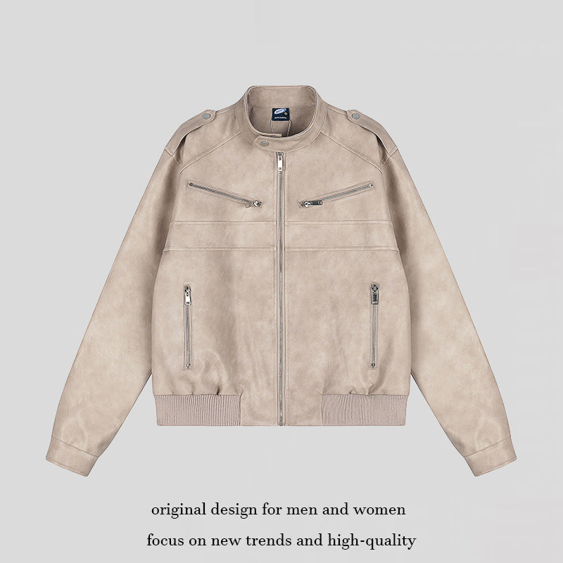Women's short-cut faux leather bomber jacket with stand-up collar, shoulder flaps, and ribbed hem Chichicherry