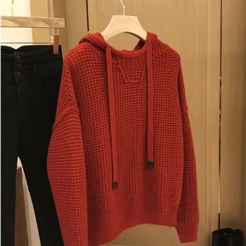 Damen Grobgestrickter Oversize-Kapuzenpullover mit Waffelstruktur und Kordelzug Chichicherry
