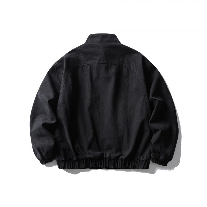 Unisex Boxy Zip Blouson Jacket made of Canvas with Stand-Up Collar, Asymmetrical Zipper Pockets and Elastic Hem Chichicherry