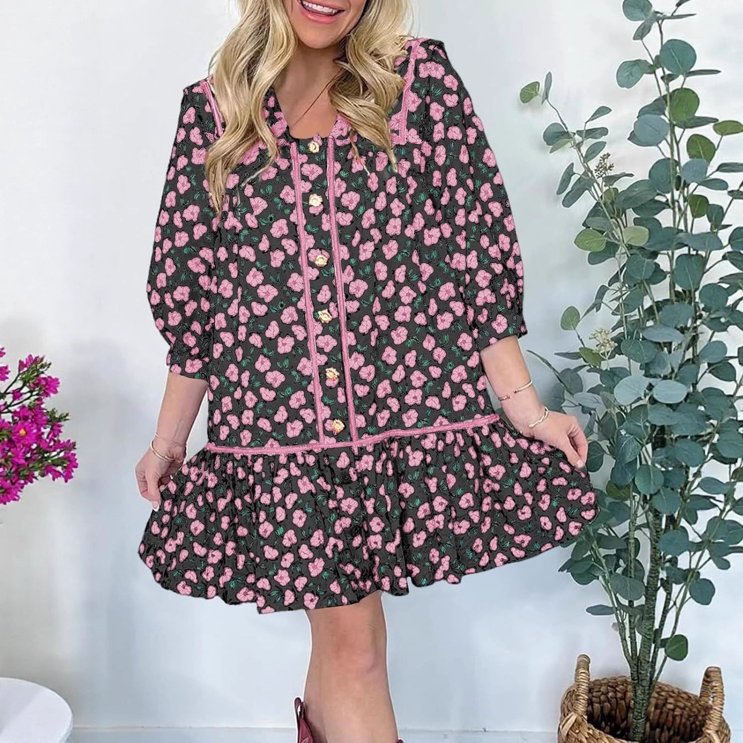 Women's Floral Mini Shirt Dress with Oversized Sailor Collar Chichicherry
