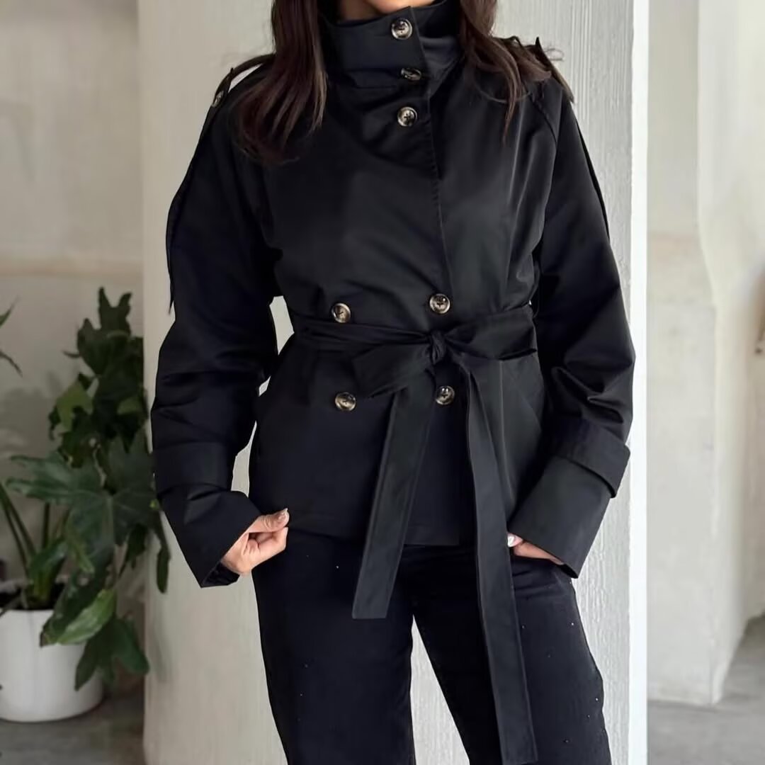 Ladies short jacket in navy-inspired double-breasted design with stand-up collar, decorative buttons, and tie belt Chichicherry