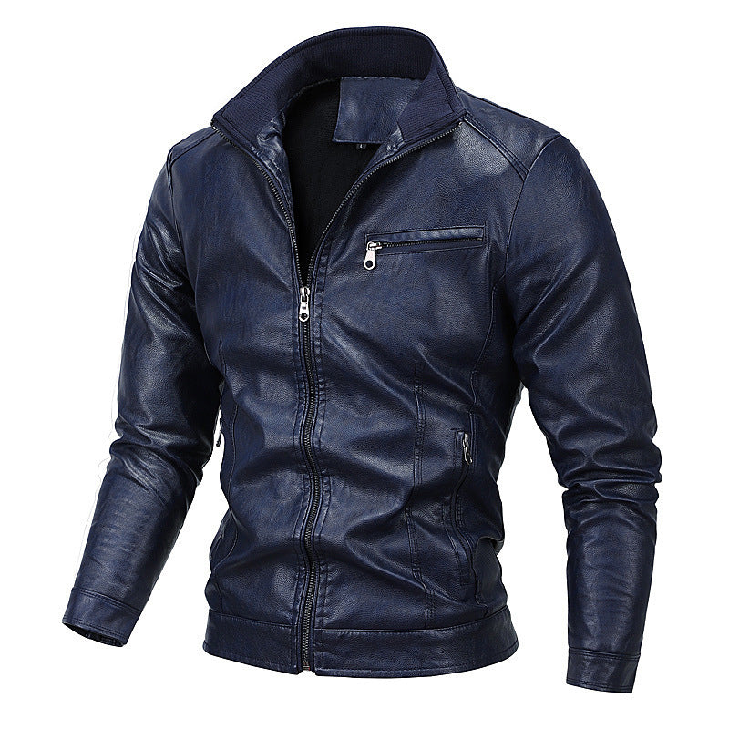 Men's Slim Faux Leather Moto Jacket with Stand Collar and Zip Chichicherry