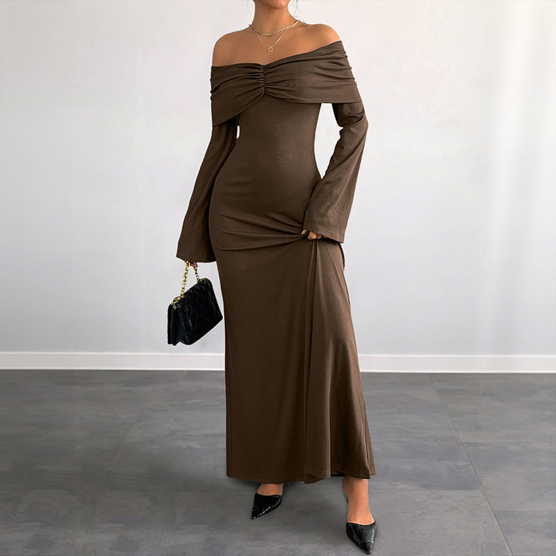 Ladies Off-Shoulder Maxi Dress with Gathered Bust Area and Narrow A-Line Skirt