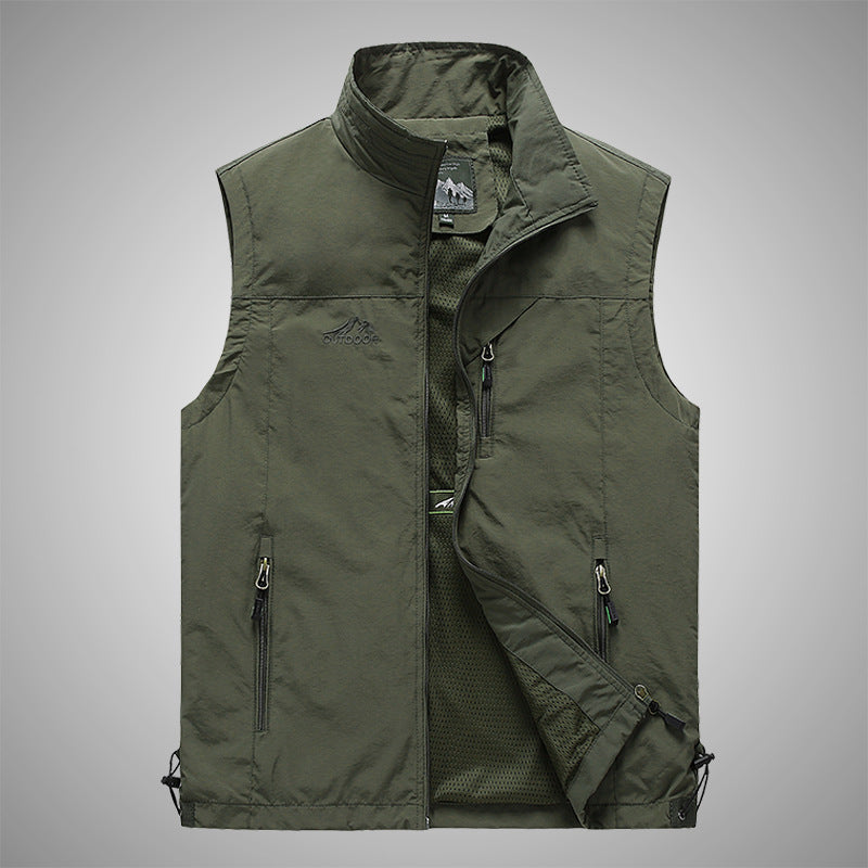 Men's Multifunctional Utility Vest with Stand-up Collar, Zipper Pockets, and Breathable Mesh Lining Chichicherry
