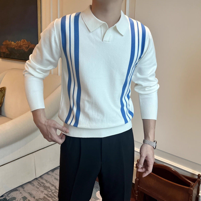 Herren Polokragen-Strickpullover mit markanten Längsstreifen und schmaler Passform Chichicherry