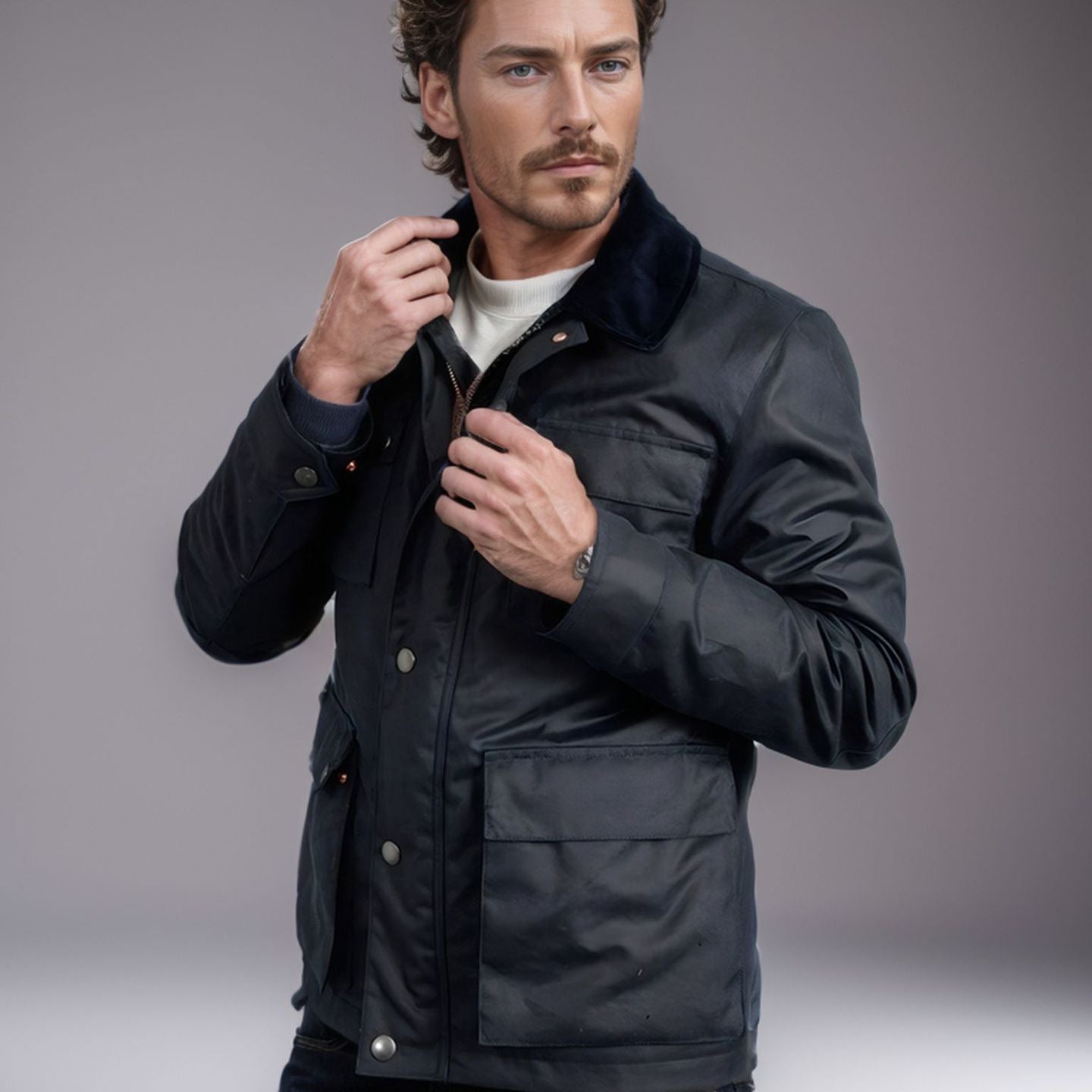 Herren Wachsjacke im Field-Stil mit Cordkragen und Mehrfachtaschen Chichicherry