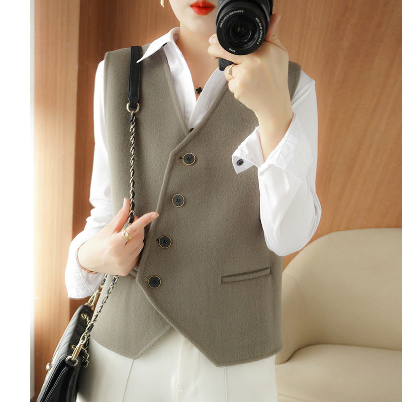 Ladies Tailored Wool Blend Vest with Asymmetrical Button Placket Chichicherry