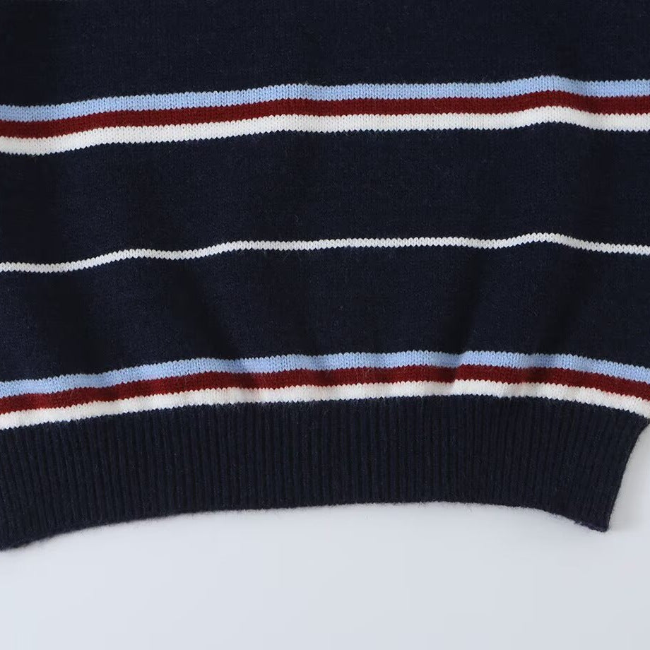 Women's Striped Knit Polo Sweater with Short Button Placket and Ribbed Cuffs Chichicherry