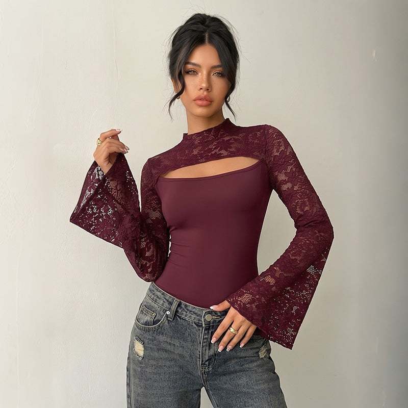 Women's lace bodysuit with cut-out, off-the-shoulder look and flared trumpet sleeves Chichicherry