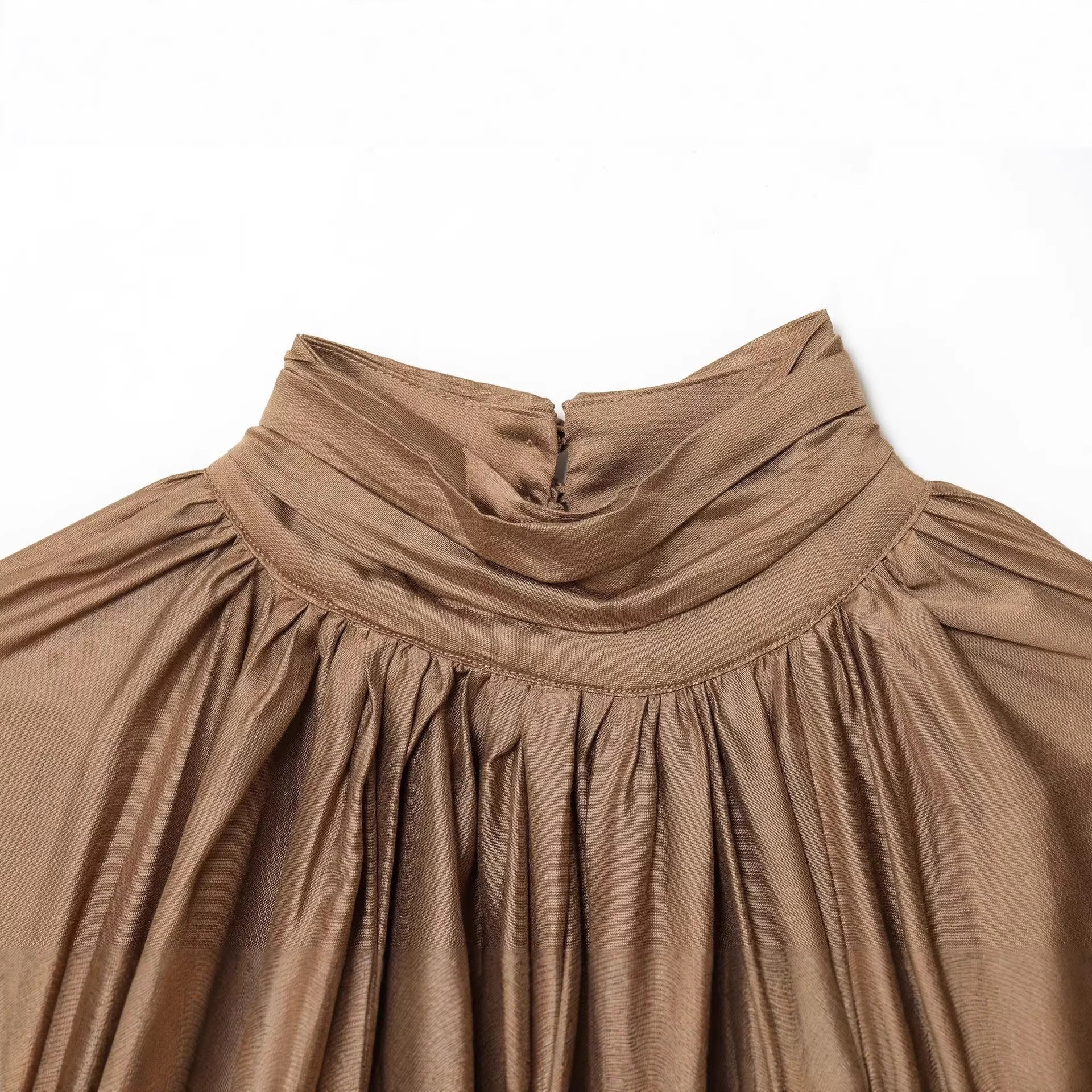 Women's Pleated Satin Blouse with Stand Collar and Balloon Sleeves Chichicherry